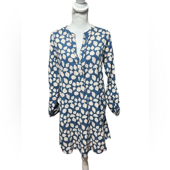 Roller Rabbit (M) Cora Mercury Blue Seashell Split Neck Long Sleeve Mini Dress - Picture 2 of 6